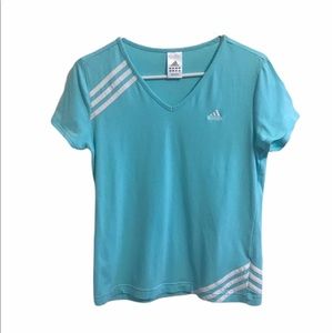 Adidas V-Neck Activewear Top Blue White Size Medium Athletic Performance Tee